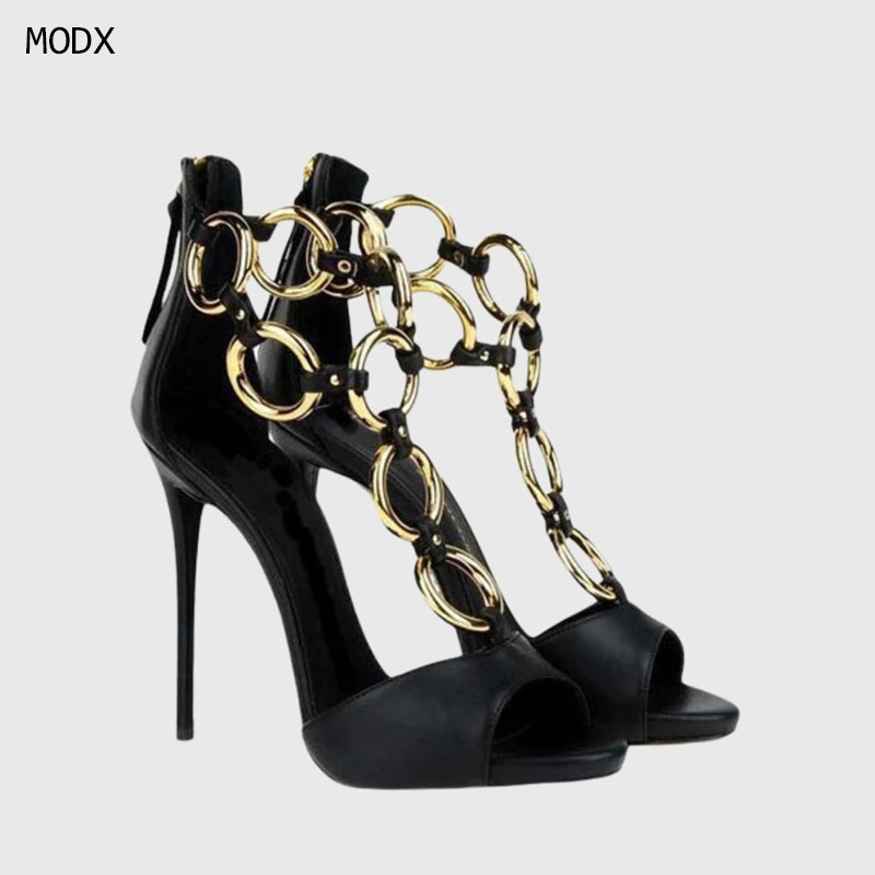 Body Jewelry Back - Damen Schwarze Leder-Sandalen mit Goldkettengliedern, Peeptoe-Stilettos,