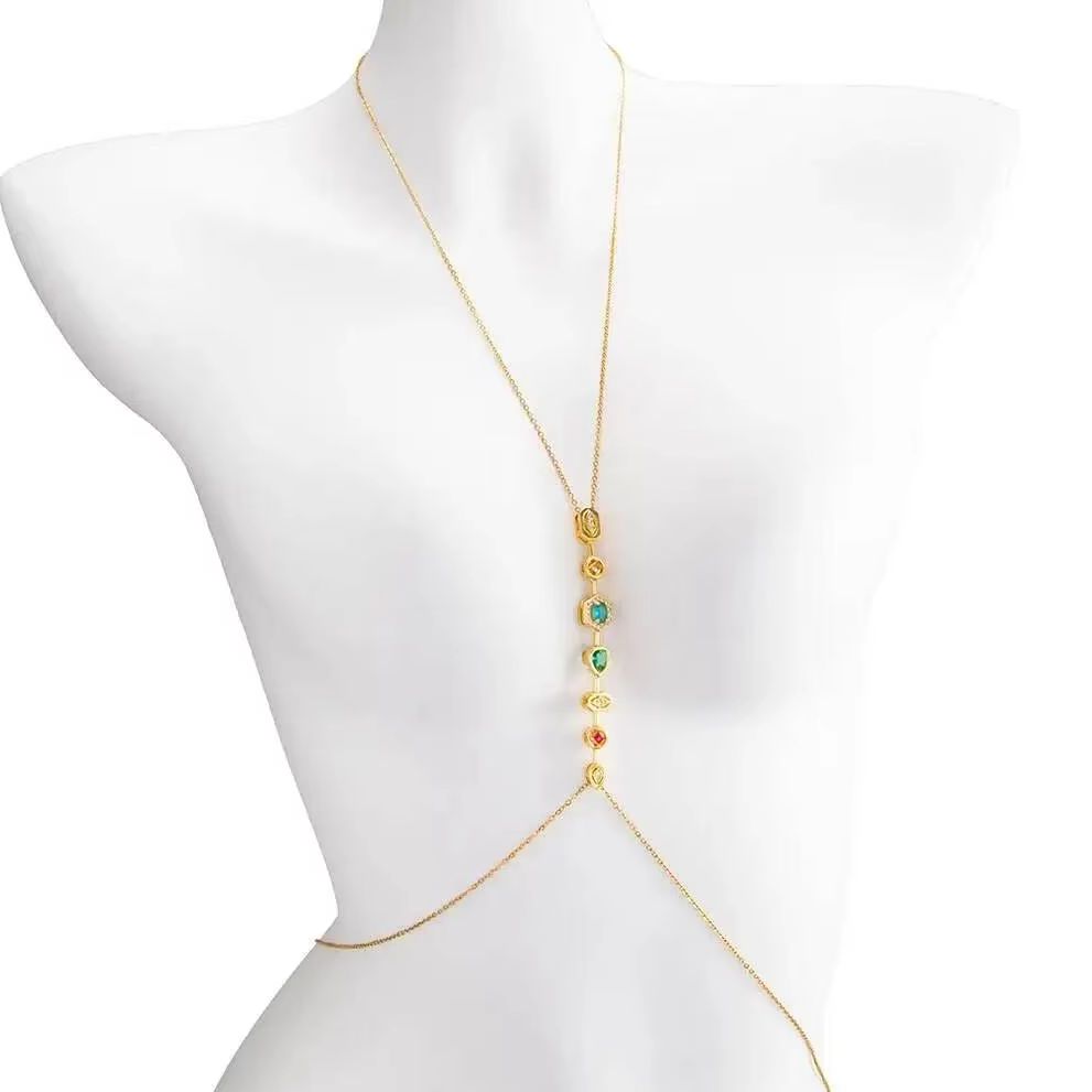 Body Jewelry For You - PuRui Exquisite Bunte Zirkon-Edelstahl-Brustkette Taillenkette Damen