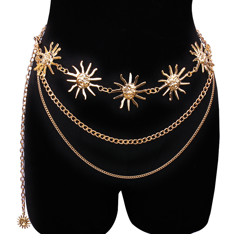 Body Jewelry Ends - Klobige mehrschichtige Punk-Gothic-Mond-Sonnen-Taillenkette, Metall-Taillengürtel für Frauen,